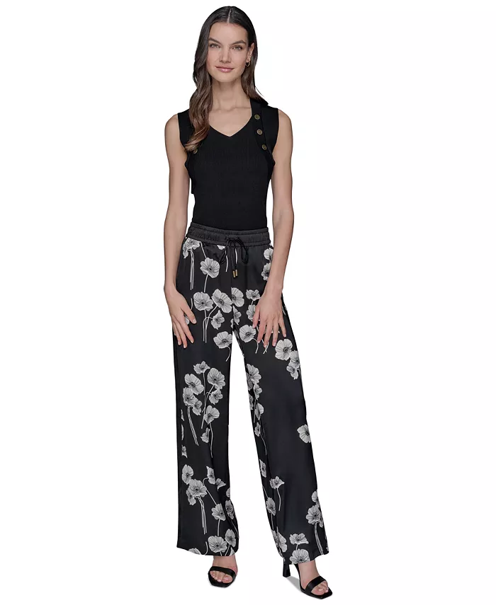 KARL LAGERFELD PARIS Women's Floral-Print Drawstring Pants Women's Fashion Shoes & Accessories