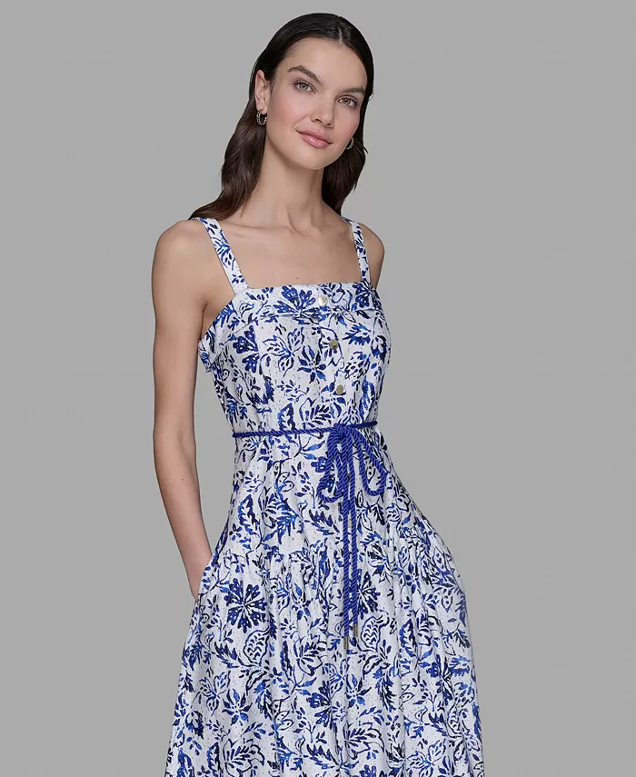 KARL LAGERFELD PARIS Women's Floral-Print Square-Neck Midi Dress Women's Fashion Shoes & Accessories