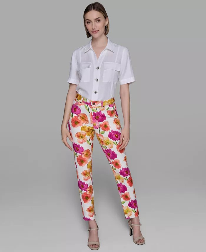 KARL LAGERFELD PARIS Women's Floral-Print Straight-Leg Pants Women's Fashion Shoes & Accessories