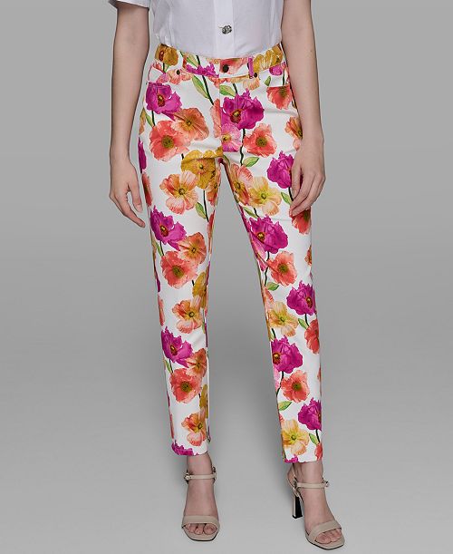 KARL LAGERFELD PARIS Women's Floral-Print Straight-Leg Pants Women's Fashion Shoes & Accessories
