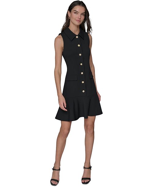 KARL LAGERFELD PARIS Women's Flower-Button Collared Sleeveless Shift Dress Women's Fashion Shoes & Accessories