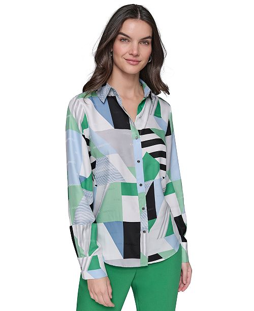 KARL LAGERFELD PARIS Women's Geometric-Print Blouse Women's Fashion Shoes & Accessories