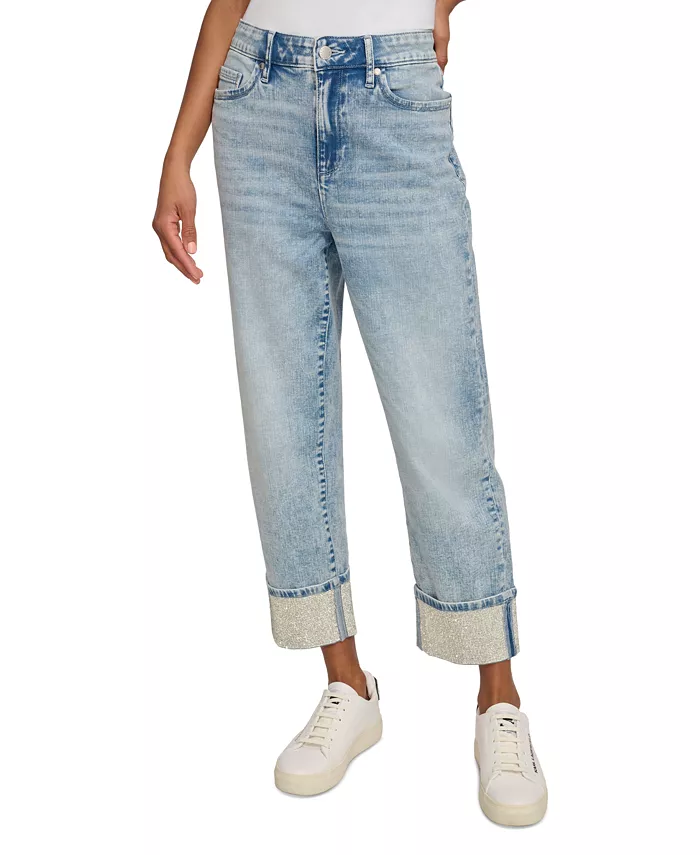 KARL LAGERFELD PARIS Women's High-Rise Crystal-Cuff Jeans Women's Fashion Shoes & Accessories