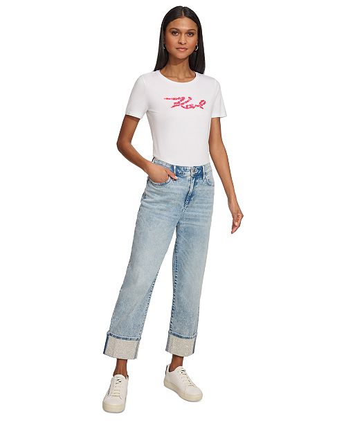 KARL LAGERFELD PARIS Women's High-Rise Crystal-Cuff Jeans Women's Fashion Shoes & Accessories