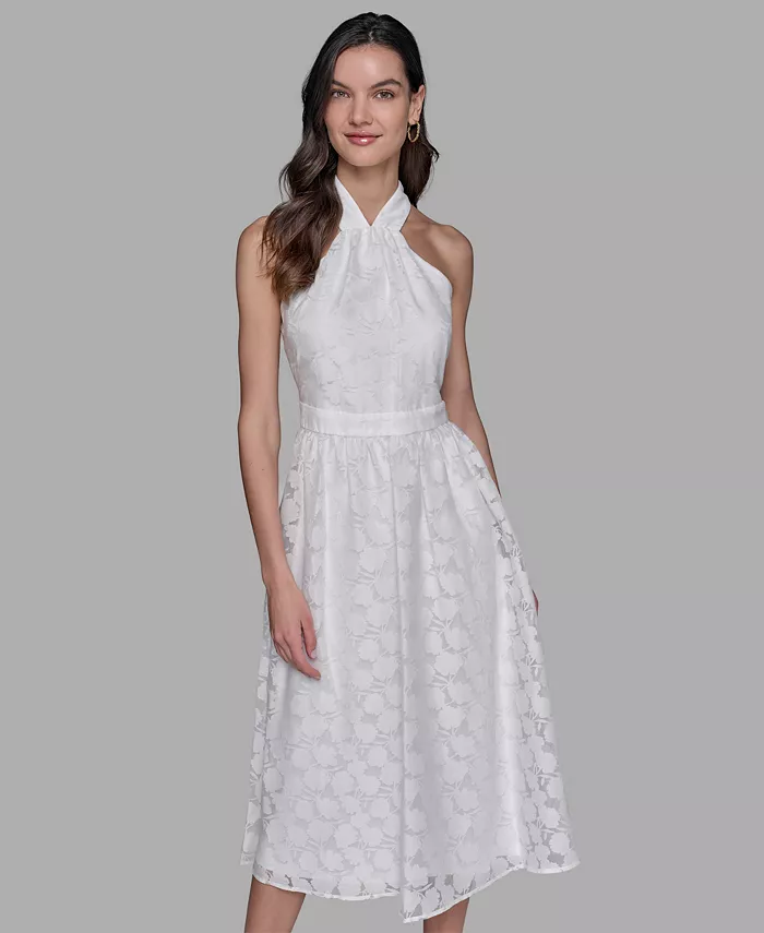 KARL LAGERFELD PARIS Women's Organza Burnout Midi Dress Women's Fashion Shoes & Accessories