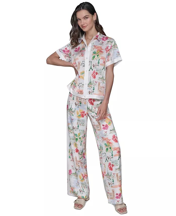 KARL LAGERFELD PARIS Women's Printed Camp Shirt Women's Fashion Shoes & Accessories