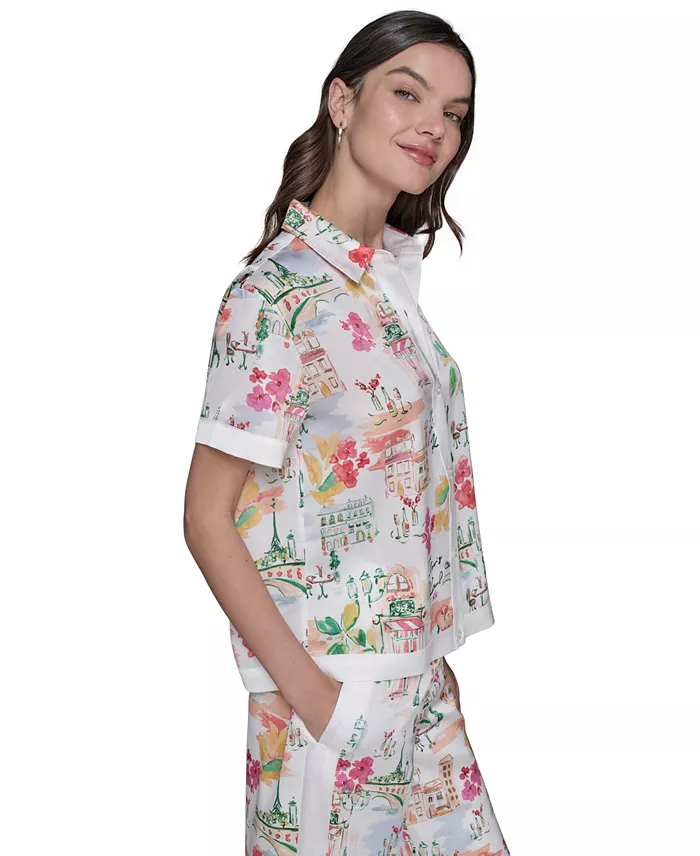 KARL LAGERFELD PARIS Women's Printed Camp Shirt Women's Fashion Shoes & Accessories
