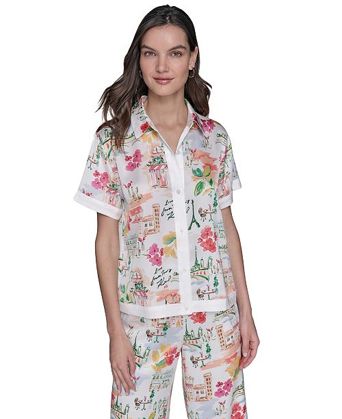 KARL LAGERFELD PARIS Women's Printed Camp Shirt Women's Fashion Shoes & Accessories