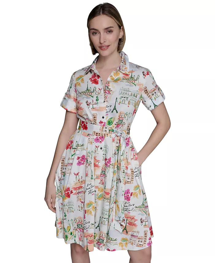 KARL LAGERFELD PARIS Women's Printed Cotton A-Line Shirtdress Women's Fashion Shoes & Accessories