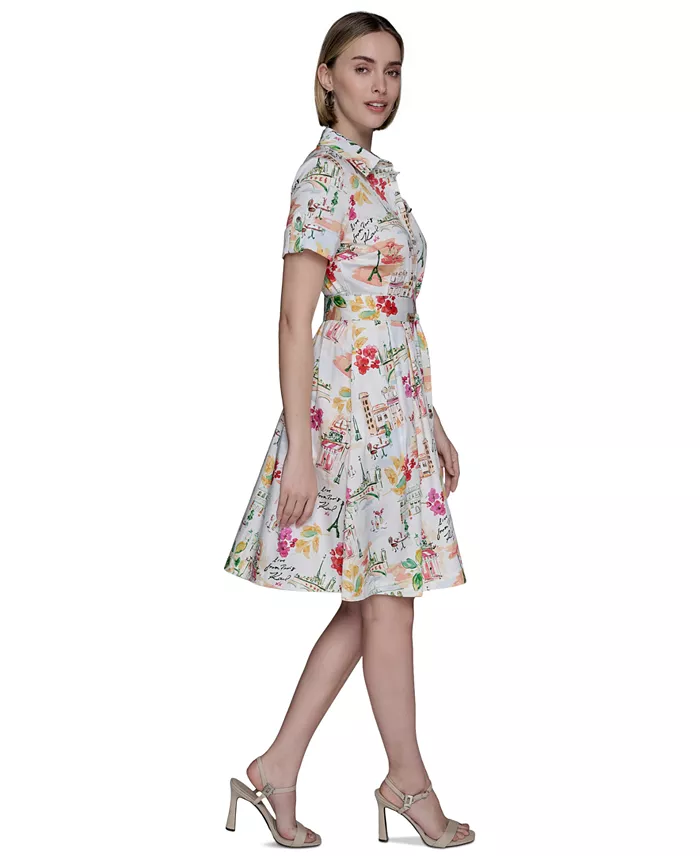 KARL LAGERFELD PARIS Women's Printed Cotton A-Line Shirtdress Women's Fashion Shoes & Accessories