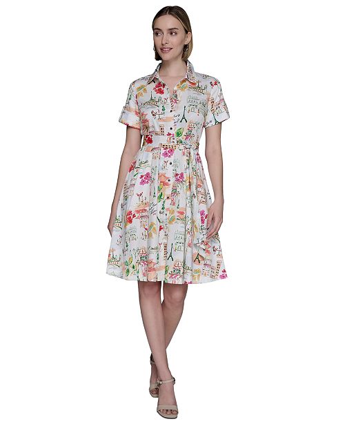 KARL LAGERFELD PARIS Women's Printed Cotton A-Line Shirtdress Women's Fashion Shoes & Accessories