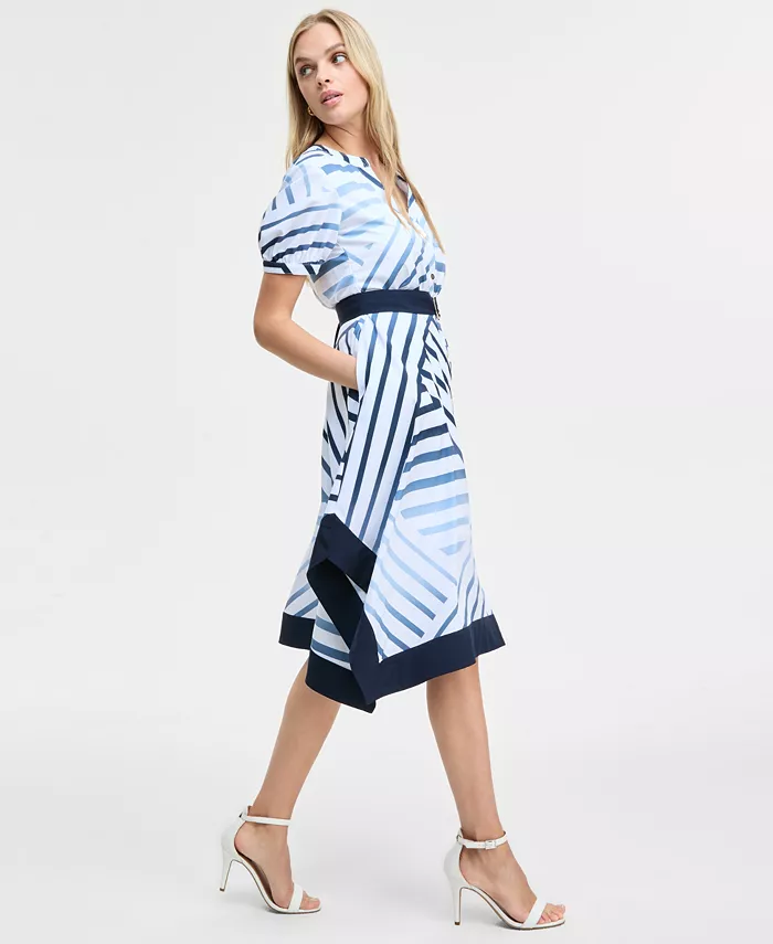 KARL LAGERFELD PARIS Women's Printed Handkerchief-Hem Shirtdress Women's Fashion Shoes & Accessories