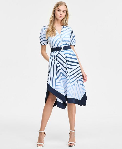 KARL LAGERFELD PARIS Women's Printed Handkerchief-Hem Shirtdress Women's Fashion Shoes & Accessories