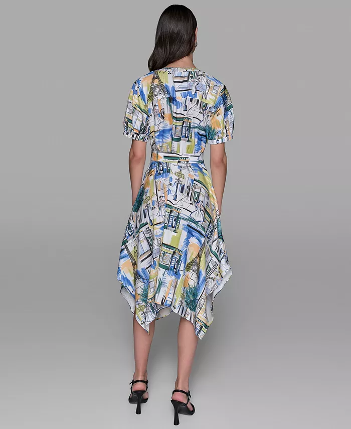 KARL LAGERFELD PARIS Women's Printed Paris Scene Belted High-Low Shirtdress Women's Fashion Shoes & Accessories