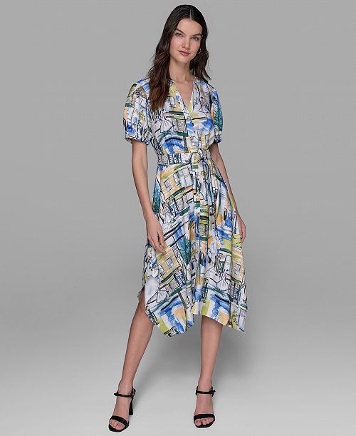KARL LAGERFELD PARIS Women's Printed Paris Scene Belted High-Low Shirtdress Women's Fashion Shoes & Accessories