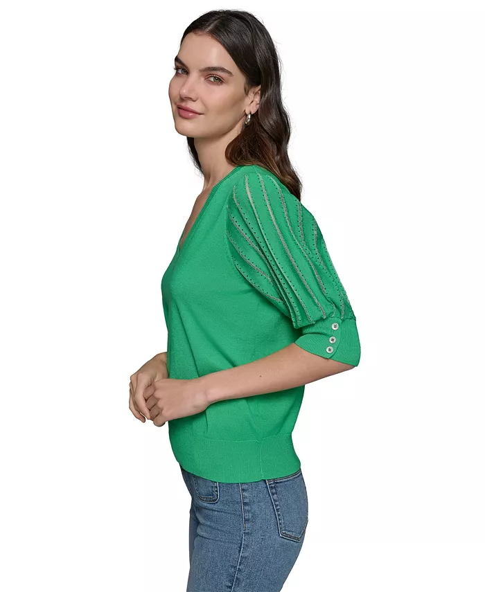 KARL LAGERFELD PARIS Women's Puffed-Sleeve V-Neck Sweater Women's Fashion Shoes & Accessories