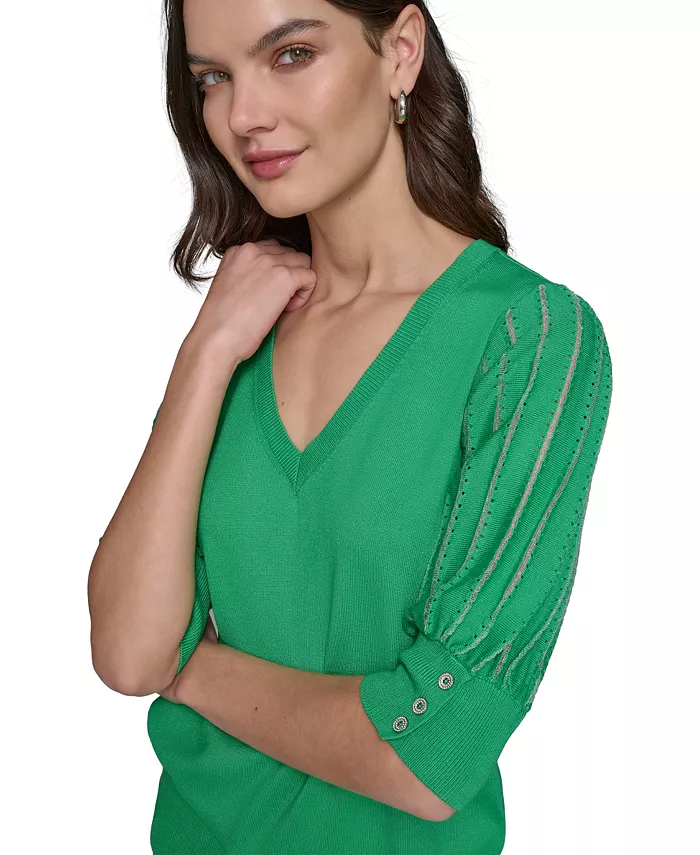 KARL LAGERFELD PARIS Women's Puffed-Sleeve V-Neck Sweater Women's Fashion Shoes & Accessories