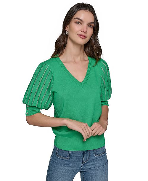 KARL LAGERFELD PARIS Women's Puffed-Sleeve V-Neck Sweater Women's Fashion Shoes & Accessories