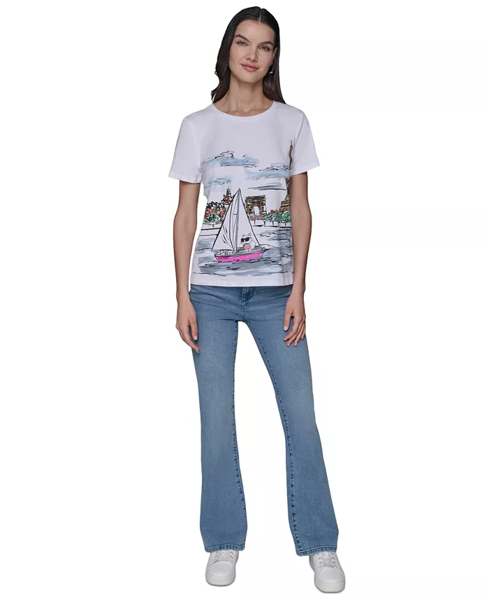 KARL LAGERFELD PARIS Women's Sailing Choupette Graphic T-Shirt Women's Fashion Shoes & Accessories