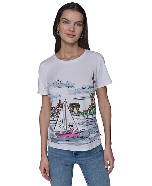 KARL LAGERFELD PARIS Women's Sailing Choupette Graphic T-Shirt Women's Fashion Shoes & Accessories