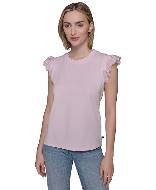 KARL LAGERFELD PARIS Women's Scalloped Flutter-Sleeve Top Women's Fashion Shoes & Accessories