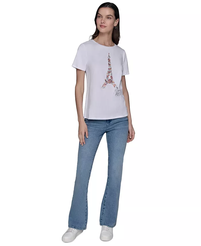 KARL LAGERFELD PARIS Women's Sequined Eiffel Tower Graphic T-Shirt Women's Fashion Shoes & Accessories