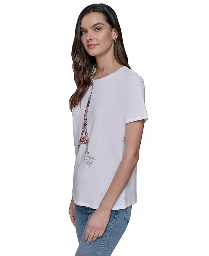 KARL LAGERFELD PARIS Women's Sequined Eiffel Tower Graphic T-Shirt Women's Fashion Shoes & Accessories