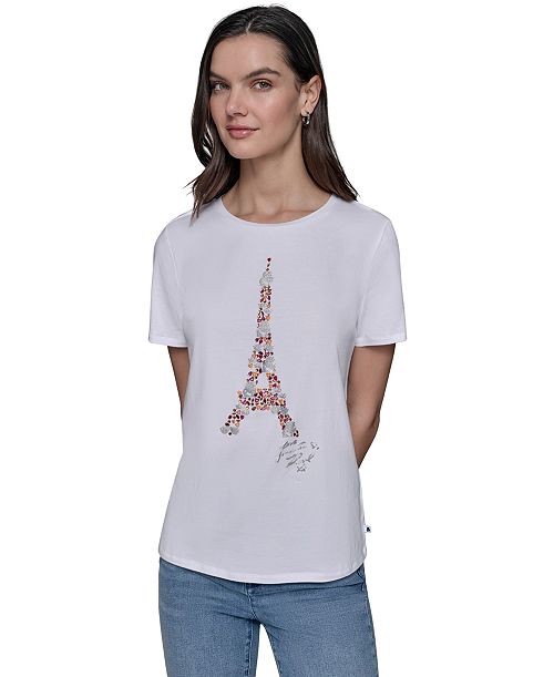KARL LAGERFELD PARIS Women's Sequined Eiffel Tower Graphic T-Shirt Women's Fashion Shoes & Accessories