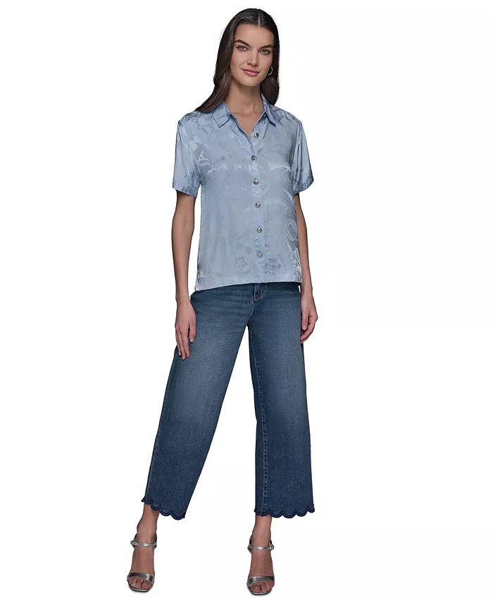 KARL LAGERFELD PARIS Women's Short Sleeve Jacquard Button Front Top Women's Fashion Shoes & Accessories