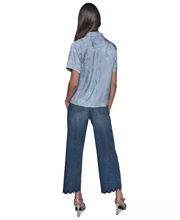 KARL LAGERFELD PARIS Women's Short Sleeve Jacquard Button Front Top Women's Fashion Shoes & Accessories