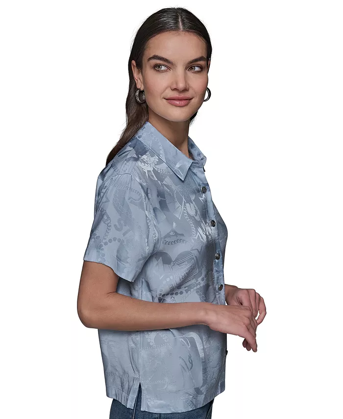 KARL LAGERFELD PARIS Women's Short Sleeve Jacquard Button Front Top Women's Fashion Shoes & Accessories