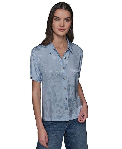 KARL LAGERFELD PARIS Women's Short Sleeve Jacquard Button Front Top Women's Fashion Shoes & Accessories