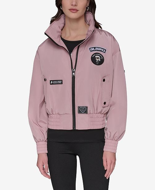 Karl Lagerfeld Women's Logo Collar Bomber Women's Fashion Shoes & Accessories
