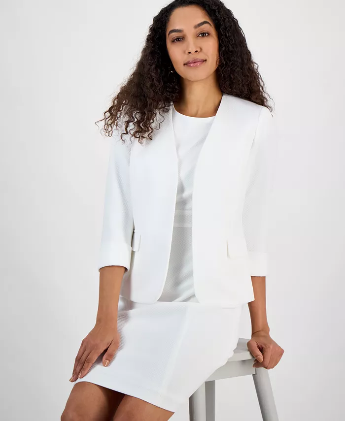 Kasper Women's Collarless Open-Front Cuffed Jacket Regular & Petite Sizes Women's Fashion Shoes & Accessories