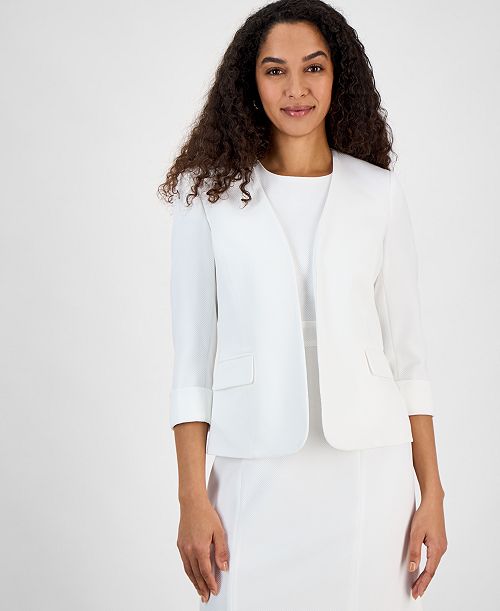 Kasper Women's Collarless Open-Front Cuffed Jacket Regular & Petite Sizes Women's Fashion Shoes & Accessories