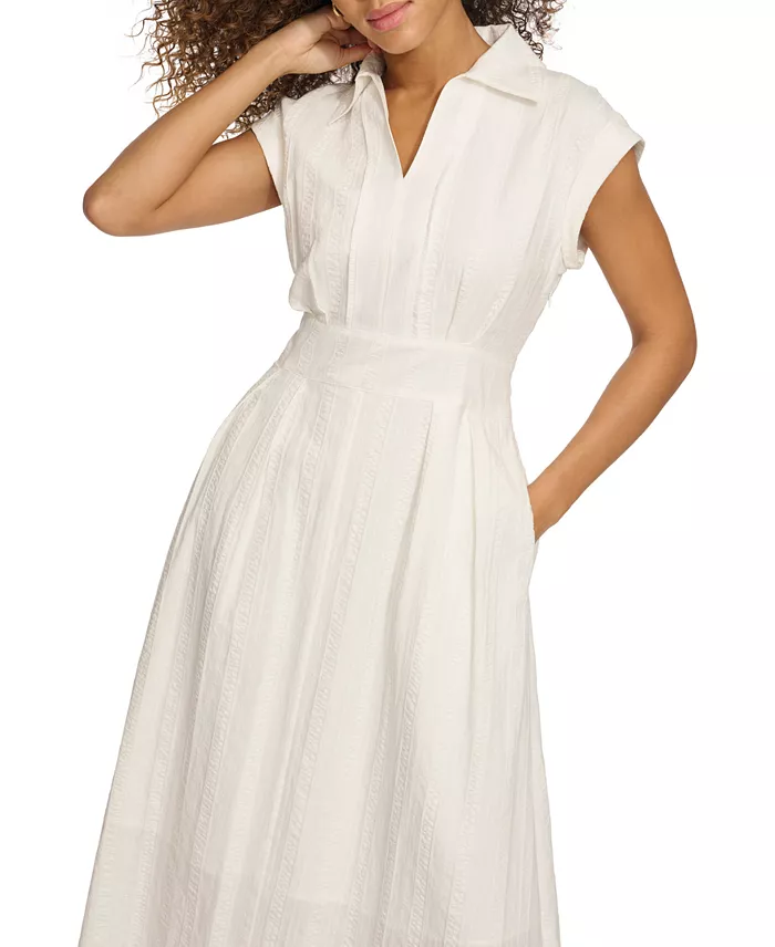 Kensie Women's Textured Stripe Midi Shirtdress With Collar Women's Fashion Shoes & Accessories