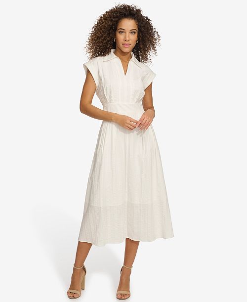 kensie Women's Textured Stripe Midi Shirtdress with Collar Women's Fashion Shoes & Accessories