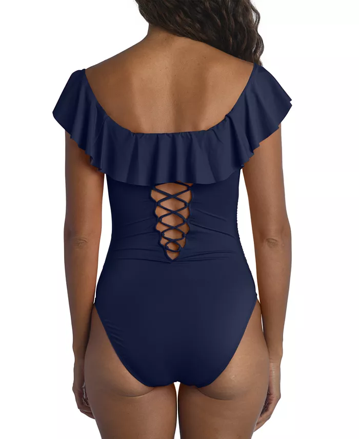 La Blanca Island Goddess Off-The-Shoulder Ruffled Tummy-Control One-Piece Swimsuit Women's Fashion Shoes & Accessories