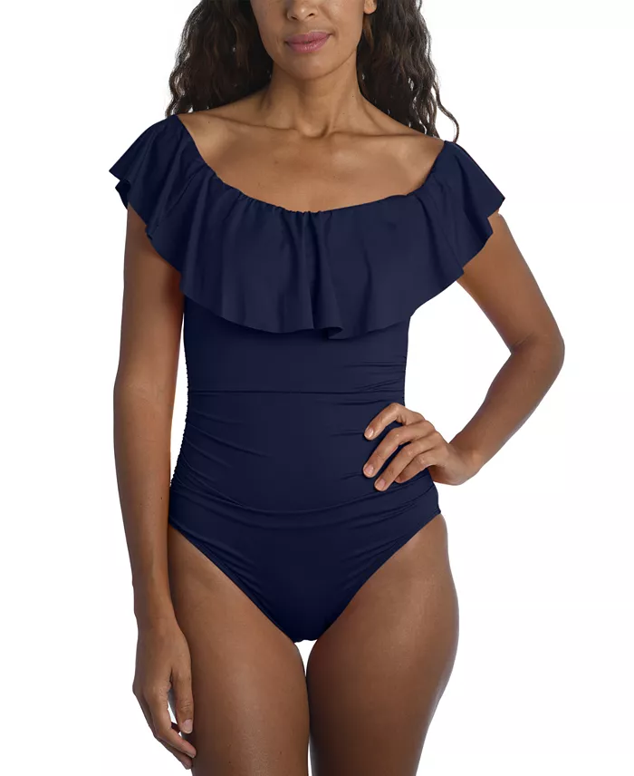 La Blanca Island Goddess Off-The-Shoulder Ruffled Tummy-Control One-Piece Swimsuit Women's Fashion Shoes & Accessories