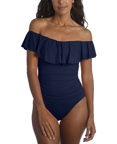 La Blanca Island Goddess Off-The-Shoulder Ruffled Tummy-Control One-Piece Swimsuit Women's Fashion Shoes & Accessories