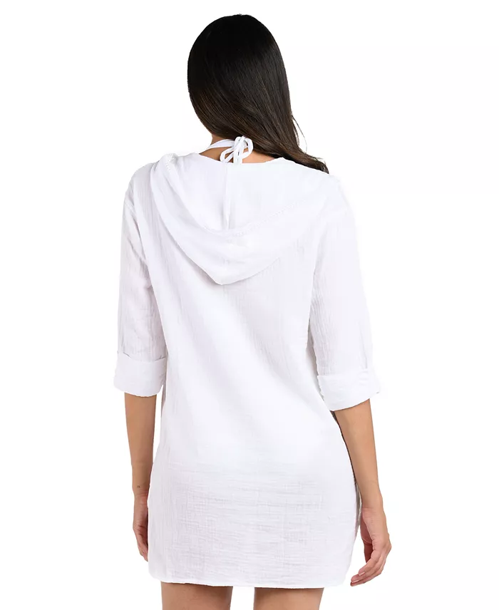La Blanca Women's Seaside Hoodie With Kangaroo Pocket & Crochet Edging Detail Cover-Up Women's Fashion Shoes & Accessories
