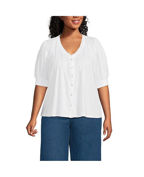Lands' End Plus Size Button Pintuck Puff Sleeve Top Women's Fashion Shoes & Accessories