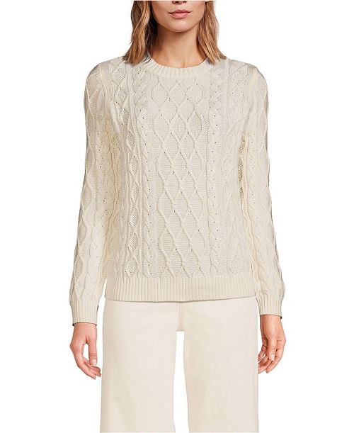 Lands' End Women's Aran Cable Crew Neck Sweater Women's Fashion Shoes & Accessories