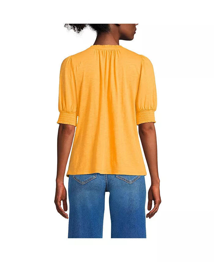 Lands' End Women's Button Pintuck Puff Sleeve Top Women's Fashion Shoes & Accessories