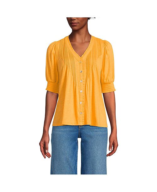 Lands' End Women's Button Pintuck Puff Sleeve Top Women's Fashion Shoes & Accessories