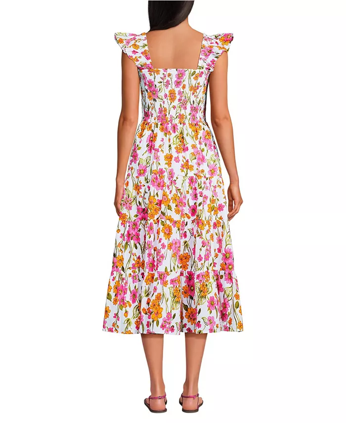 Lands' End Women's Cotton Dobby Smocked Dress With Ruffle Straps Women's Fashion Shoes & Accessories