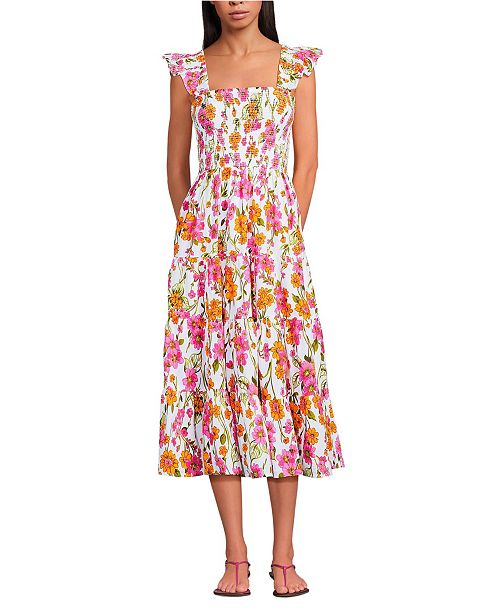 Lands' End Women's Cotton Dobby Smocked Dress with Ruffle Straps Women's Fashion Shoes & Accessories