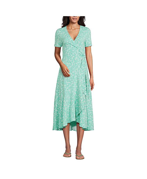 Lands' End Women's Cotton Modal Vneck Wrap Midi Dress Women's Fashion Shoes & Accessories