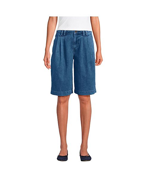 Lands' End Women's Lightweight Denim Mid Rise Pleated 12" Slouchy Shorts Women's Fashion Shoes & Accessories