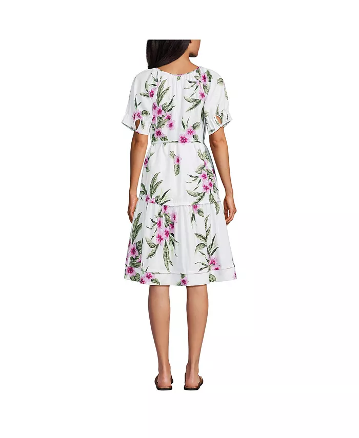 Lands' End Women's Puff Sleeve Pleated Linen Knee Length Dress Women's Fashion Shoes & Accessories